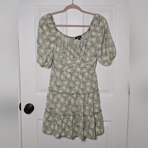 Trixxi Sage Floral Scoop Neck Tiered Mini Dress Cottagecore Juniors Medium